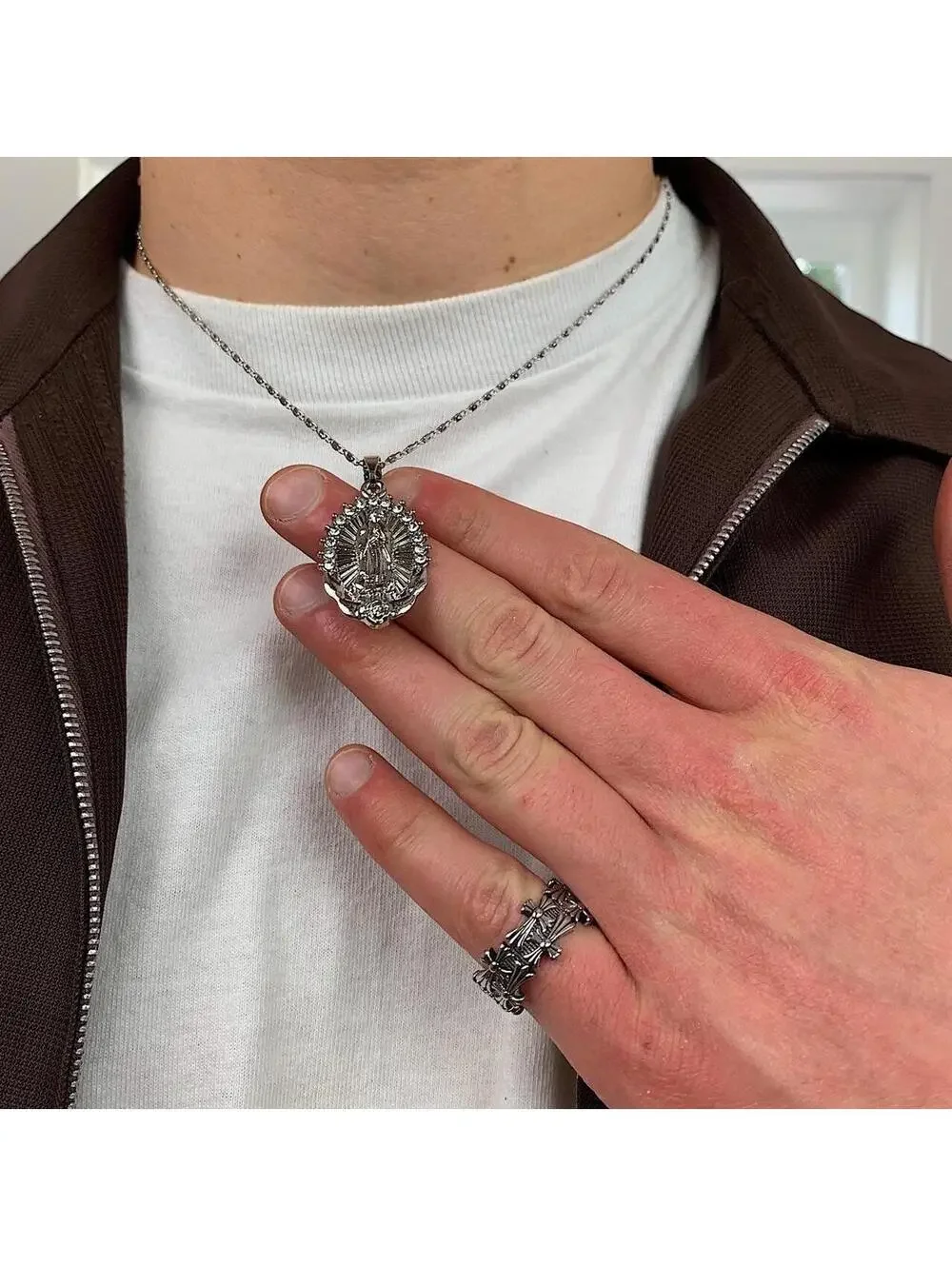 Silver Saint Marry rhinestone pendant y2k 90s style necklace chain. Grunge punk